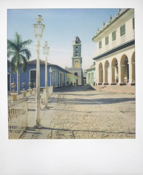 Polaroid of view from Plaza Mayor towards the tower of Iglesia de San Francisco de Asis