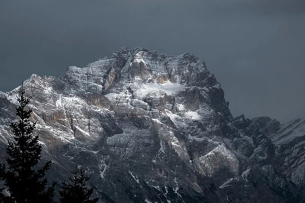 Pomagagnon mountain covered by pristine snow on a cloudy day, Dolomites, Belluno, Veneto, Italy, Europe