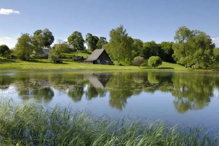 Framed Print : Ponds and traditional buildings