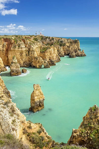 Ponta da Piedade rock formations visited by boat tours, Lagos, Algarve, Portugal, Europe