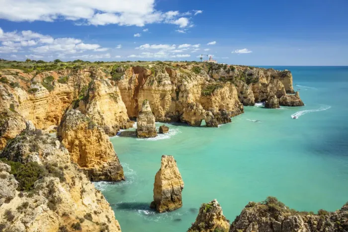 Framed Print : Ponta da Piedade rock formations visited by boat tours, Lagos, Algarve, Portugal, Europe