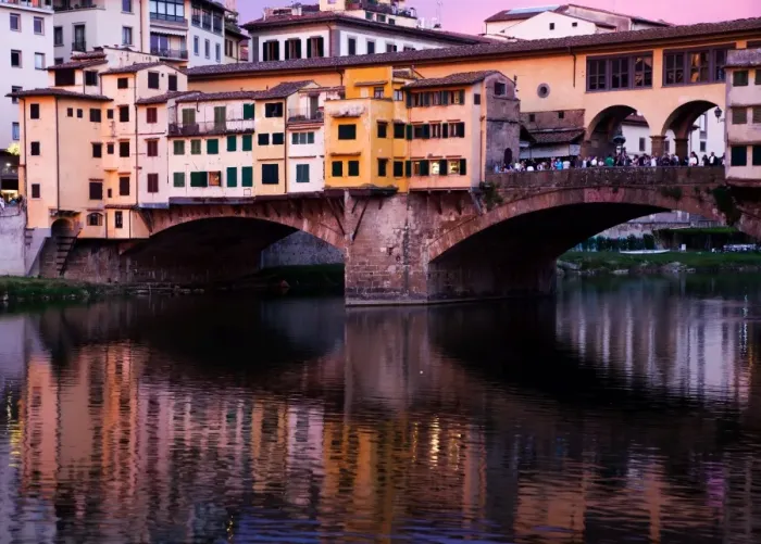 Framed Print : Ponte Vecchio at sunset reflected in the River Arno, Florence, UNESCO World Heritage Site Framed Print : Ponte Vecchio at sunset reflected in the River Arno, Florence, UNESCO World Heritage Site