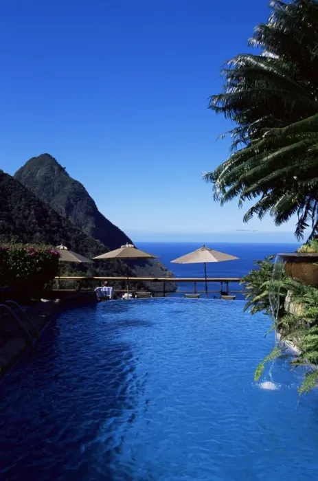 Framed Print : The pool at the Ladera resort overlooking the Pitons, St Framed Print : The pool at the Ladera resort overlooking the Pitons, St
