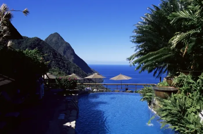 Framed Print : The pool at the Ladera resort overlooking the Pitons, St Framed Print : The pool at the Ladera resort overlooking the Pitons, St