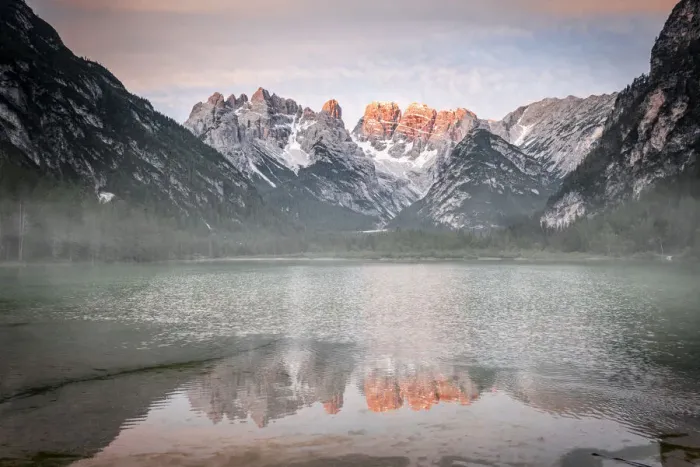 Framed Print : Popena group and Monte Cristallo mirrored in lake Landro (Durrensee) in the mist at dawn Framed Print : Popena group and Monte Cristallo mirrored in lake Landro (Durrensee) in the mist at dawn
