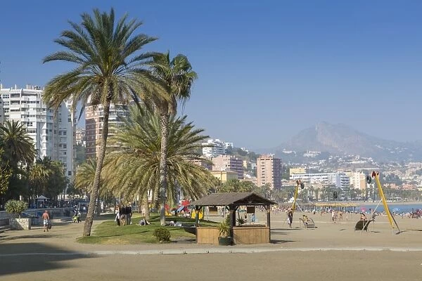 Popular urban beach of Playa la Malagueta, Malaga, Costa del Sol, Andalusia, Spain
