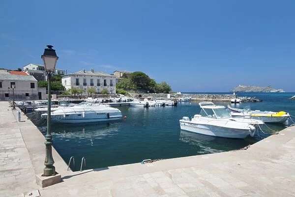 Port of Macinaggio and the island La Giraglia in the background, Corsica, France, Mediterranean, Europe