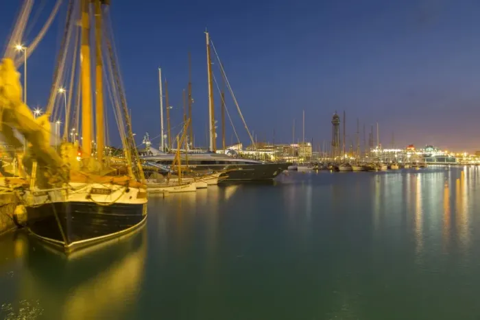 Framed Print : Port Vell at dusk, Barcelona, Catalonia, Spain, Europe Framed Print : Port Vell at dusk, Barcelona, Catalonia, Spain, Europe