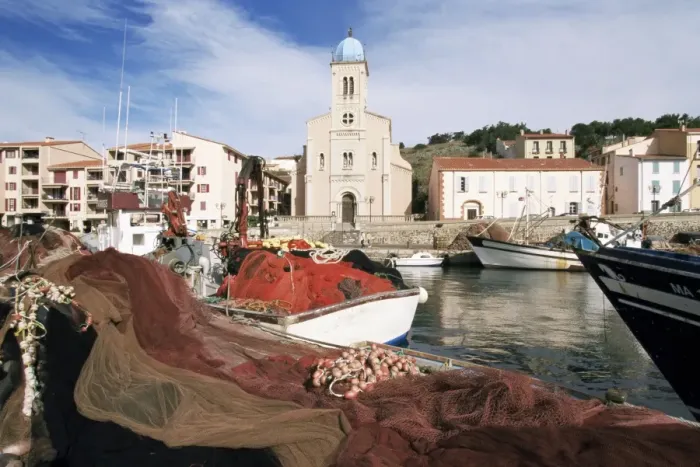 Framed Print : Port Vendres, seen from the harbour, Roussillon, France, Europe Framed Print : Port Vendres, seen from the harbour, Roussillon, France, Europe