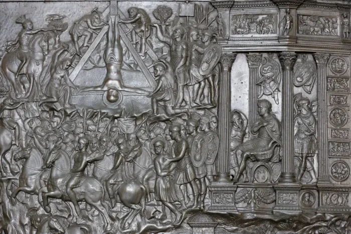 Framed Print : Detail of a portal of the Crucifixion of St. Peter, front entrance door of St Framed Print : Detail of a portal of the Crucifixion of St. Peter, front entrance door of St
