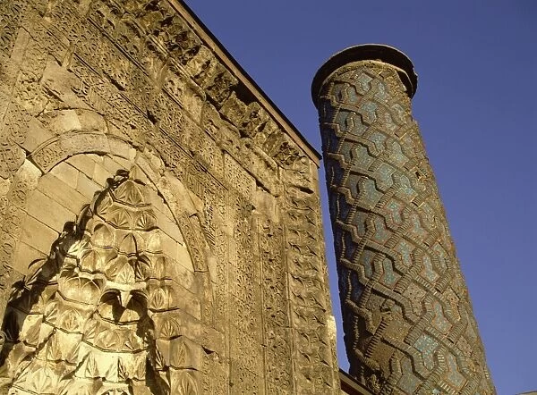 Portal and minaret of the Yakutiye Medresse mosque dating from the 13th century