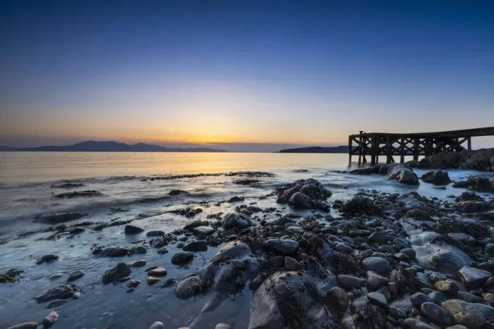 Framed Print : Portencross Beach and pier, Isle of Arran in background, Firth of Clyde, North Ayrshire, Scotland, United Kingdom, Europe Framed Print : Portencross Beach and pier, Isle of Arran in background, Firth of Clyde, North Ayrshire, Scotland, United Kingdom, Europe