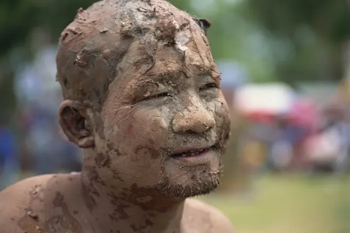 Framed Print : Portrait of a Worship man with a muddy face during Framed Print : Portrait of a Worship man with a muddy face during