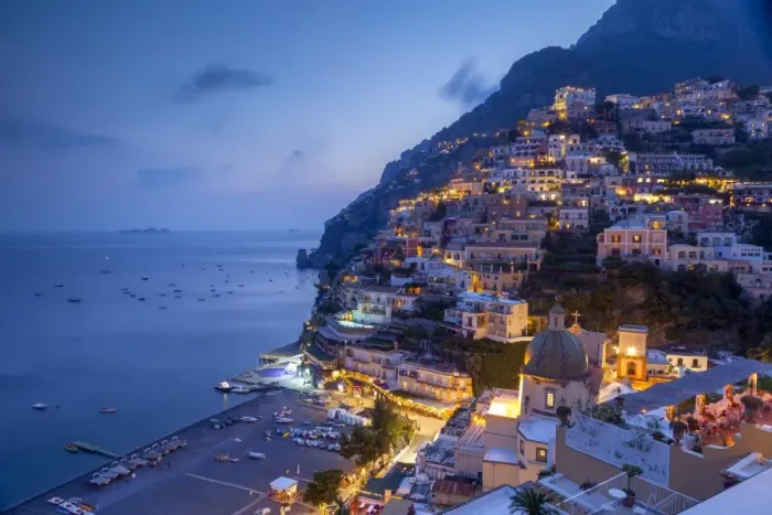 Framed Print : Positano and beach at dusk, Amalfi Coast (Costiera Amalfitana), UNESCO World Heritage Site