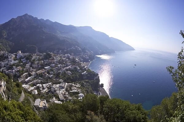 Positano town in early morning sunshine, Amalfi coast road, UNESCO World Heritage Site