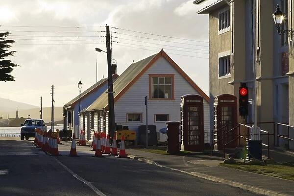 Post office, red telephone boxes, cones and traffic light, waterfront, Stanley, East Falkland, Falkland Islands, South America
