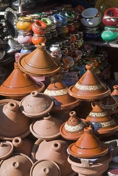 Pottery for sale in the souk, Medina, Marrakech (Marrakesh), Morocco, North Africa