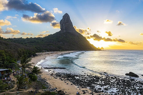 Praia da Conceicao at sunset with Morro do Pico, Fernando de Noronha, UNESCO World Heritage Site, Brazil, South America