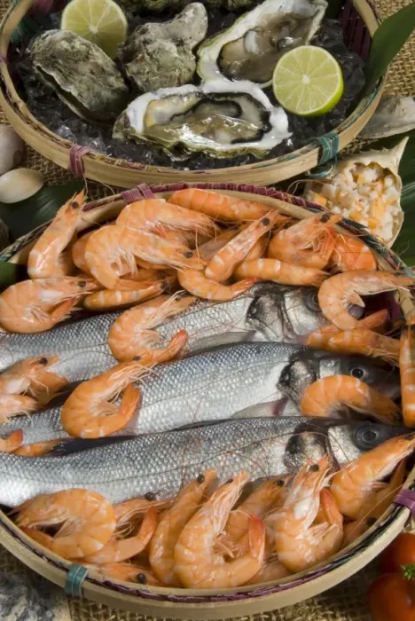 Framed Print : Prawns, oysters and sea bass Framed Print : Prawns, oysters and sea bass