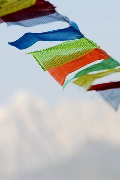 Prayer flags blowing in wind, Snow mountain, Tagong, Sichuan, China, Asia