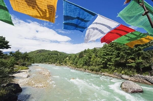 Prayer flags on a bridge, Bumthang, Chokor Valley, Bhutan, Asia