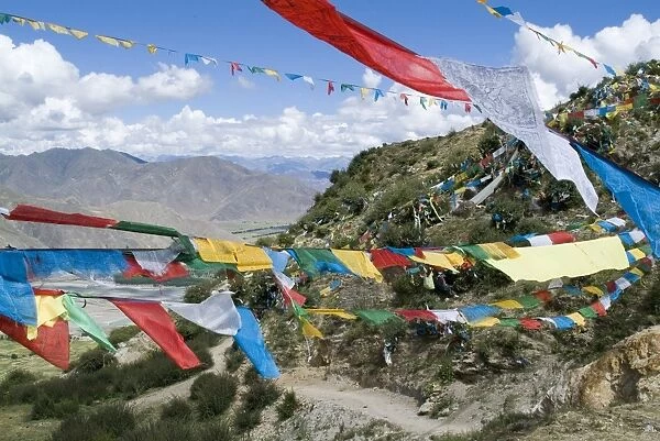 Prayer flags, Ganden Monastery, near Lhasa, Tibet, China, Asia