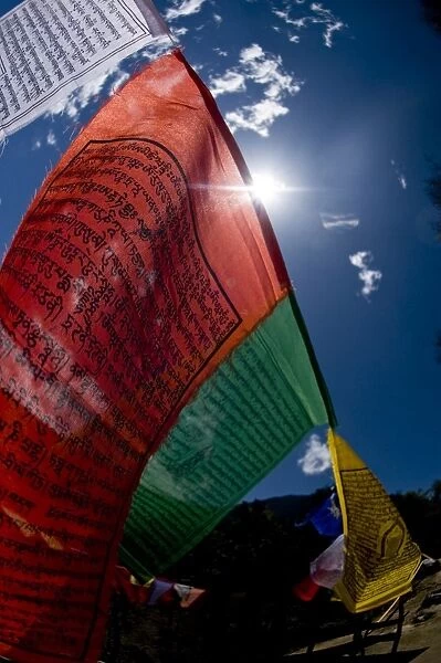 Prayer flags near Thimpu, Bhutan, Asia