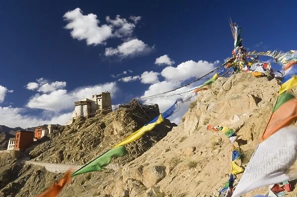 Prayer flags on the Peak of Victory and Namgyal Tsemo gompa