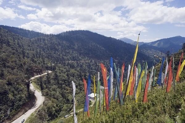 Prayer flags at Pele La pass, 3420m, Black Mountains, Bhutan, Himalayas, Asia