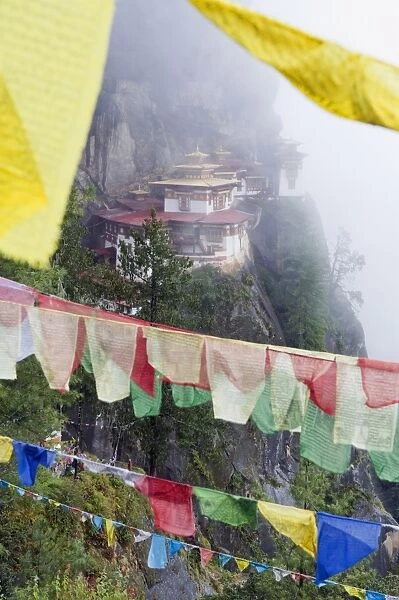 Prayer flags at the Tigers Nest (Taktsang Goemba), Paro Valley, Bhutan, Asia