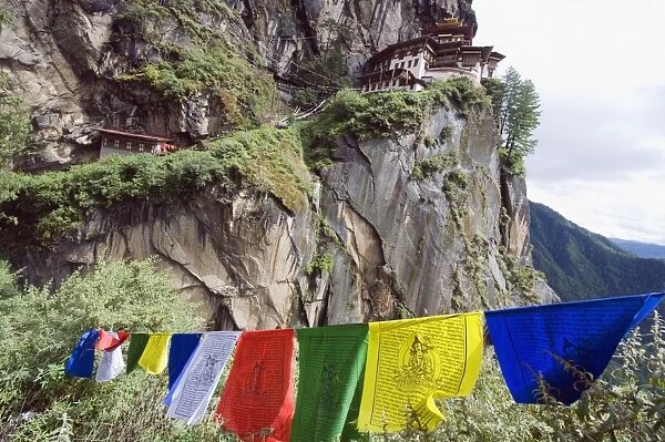 Prayer flags at the Tigers Nest (Taktsang Goemba), Paro Valley, Bhutan, Asia