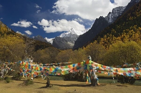 Prayer flags and Xiaruoduojio mountain, Yading Nature Reserve, Sichuan Province