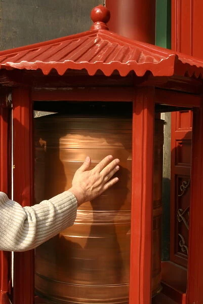 Prayer wheel in a Beijing temple, Beijing, China, Asia