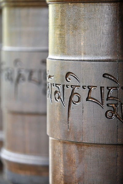 Prayer wheels in Dhagpo Kagyu Ling Tibetan Buddhist monastery, Saint-Leon sur Vezere