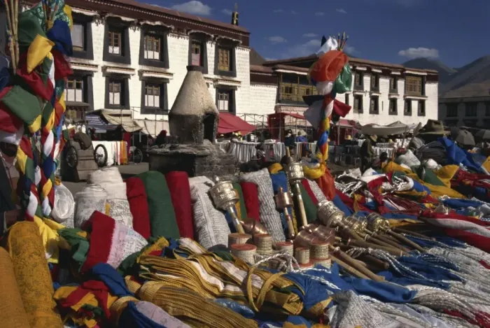 Framed Print : Prayer wheels and flags for sale in the Barkor market in Lhasa, Tibet, China, Asia Framed Print : Prayer wheels and flags for sale in the Barkor market in Lhasa, Tibet, China, Asia