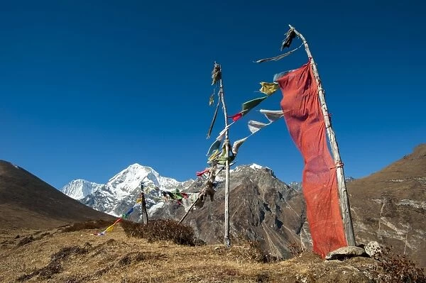 Prayers flags on the Lasa-Gasa trekking route, Thimpu District, Bhutan, Asia