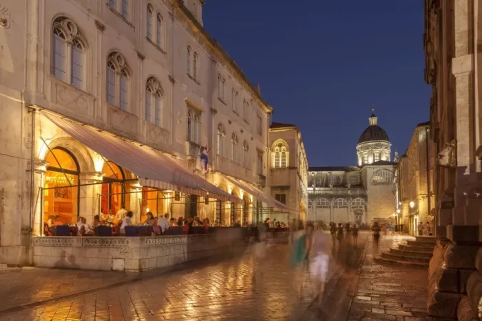 Framed Print : Pred Dvorom, lit up at dusk, cathedral in background, Dubrovnik, Croatia, Europe Framed Print : Pred Dvorom, lit up at dusk, cathedral in background, Dubrovnik, Croatia, Europe