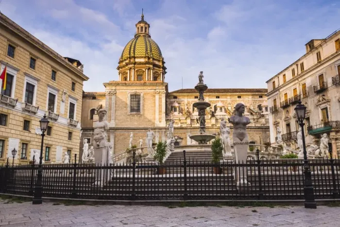 Framed Print : Pretoria Fountain in Piazza Pretoria with the dome of Church of San Giuseppe dei Teatini, Palermo, Sicily, Italy, Europe Framed Print : Pretoria Fountain in Piazza Pretoria with the dome of Church of San Giuseppe dei Teatini, Palermo, Sicily, Italy, Europe