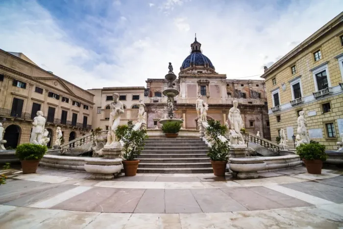 Framed Print : Pretoria Fountain in Piazza Pretoria (Pretoria Square) with dome of Church of Santa Caterina, Palermo, Sicily, Italy, Europe Framed Print : Pretoria Fountain in Piazza Pretoria (Pretoria Square) with dome of Church of Santa Caterina, Palermo, Sicily, Italy, Europe
