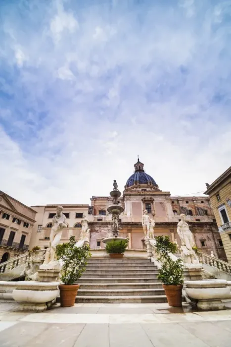 Framed Print : Pretoria Fountain, Pretoria Square (Piazza) with dome of Church of Santa Caterina in background, Palermo, Sicily, Italy, Europe Framed Print : Pretoria Fountain, Pretoria Square (Piazza) with dome of Church of Santa Caterina in background, Palermo, Sicily, Italy, Europe