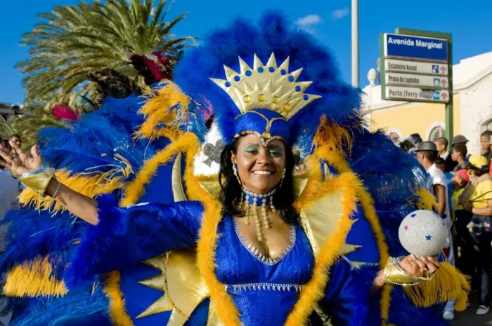 Framed Print : Pretty woman in colourful Carnival costume, Mindelo, Sao Vicente, Cape Verde, Africa