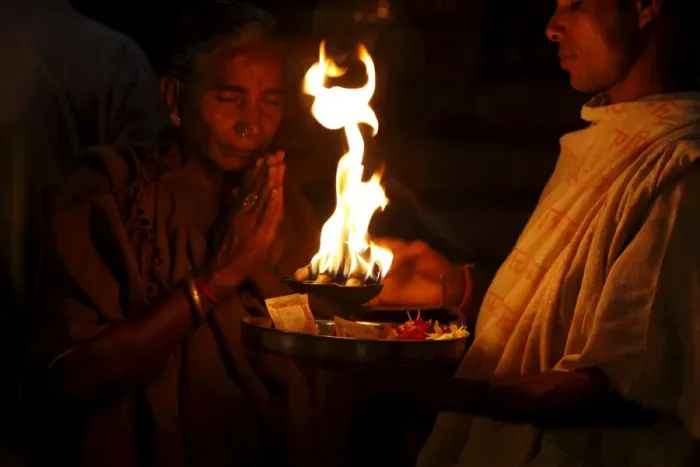 Framed Print : Priest and devotee performing aarti, Haridwar, Uttarakhand, India, Asia