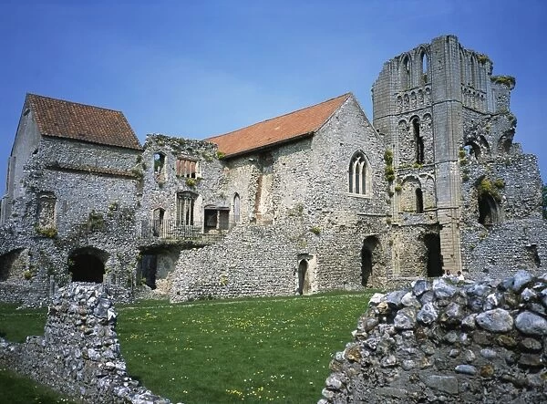 Priors chapel and tower from cloister, Castle Acre Priory, Norfolk, England