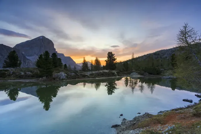 Framed Print : Pristine Lake Limides at dawn with Tofana di Rozes in background, Dolomites, Cortina d Ampezzo, Belluno province, Veneto, Italy, Europe Framed Print : Pristine Lake Limides at dawn with Tofana di Rozes in background, Dolomites, Cortina d Ampezzo, Belluno province, Veneto, Italy, Europe