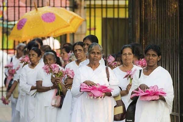 Procession of female Buddhist devotees with offerings at the sacred Temple of the Sacred Tooth Relic, Kandy, Sri