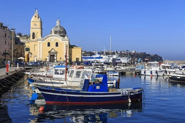 Procida Porto, Marina Grande boats and Santa Maria della Pieta church, Procida Island