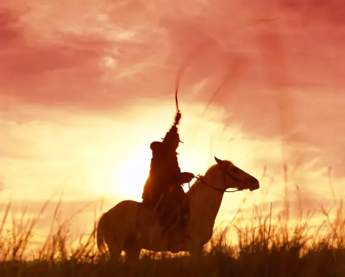 Framed Print : Profile of a stockman on a horse against the sunset, Queensland, Australia, Pacific
