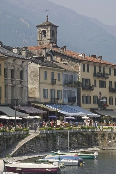 Promenade cafes by the old harbour, Cannobio, Lago Maggiore, Switzerland, Europe