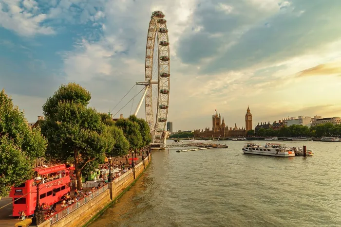 Framed Print : Promenade at River Thames with London Eye ferry wheel, London, England Framed Print : Promenade at River Thames with London Eye ferry wheel, London, England