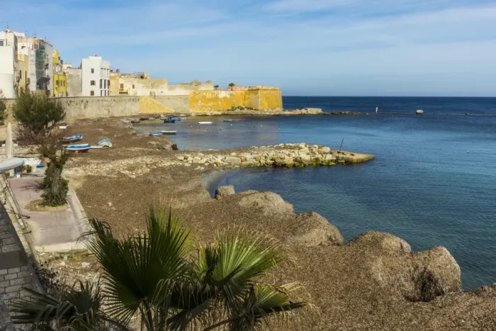 Framed Print : Protected cove and city walls seen from Via Mura Di Tramontana Ovest on sea front of this northwest fishing port, Trapani, Sicily, Italy, Mediterranean, Europe Framed Print : Protected cove and city walls seen from Via Mura Di Tramontana Ovest on sea front of this northwest fishing port, Trapani, Sicily, Italy, Mediterranean, Europe